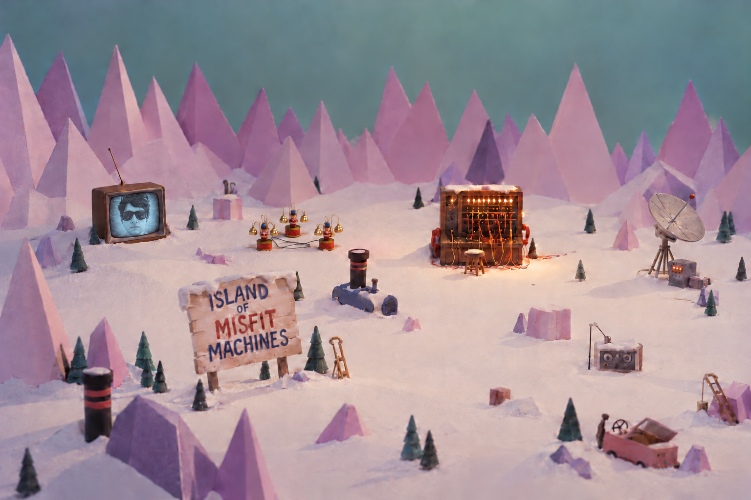 A handmade snowy world with lavender triangular mountains, a television broadcasting Kayla’s portrait, three tiny toy bell figures, a glowing switchboard, and a wooden Island of Misfit Machines sign.