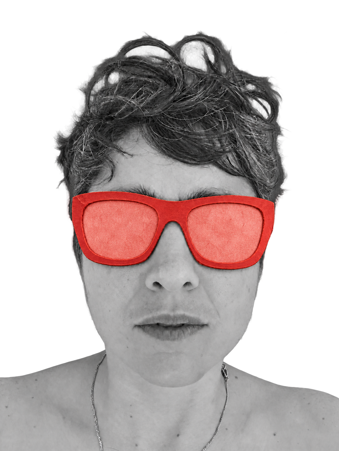 Kayla wearing handmade red paper glasses with light red lenses